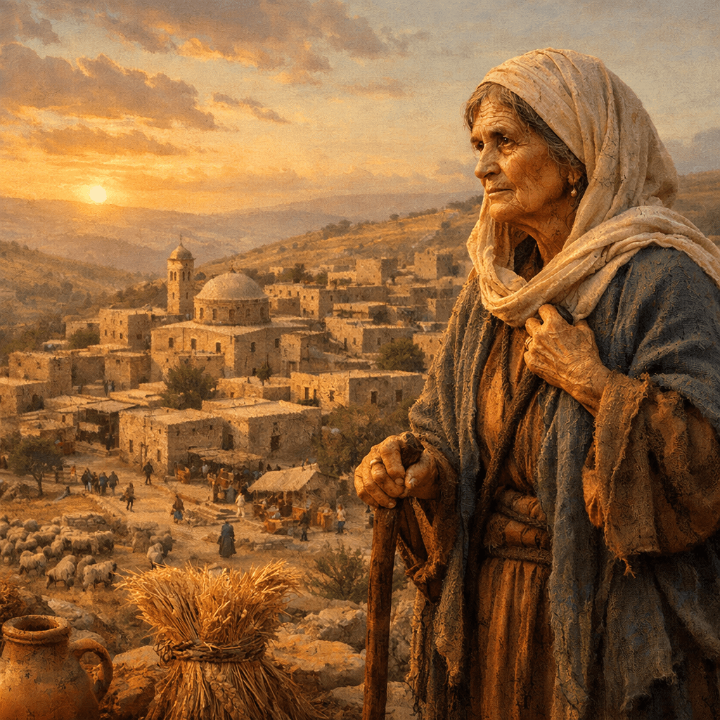 Elderly woman in traditional clothes looking over a historic village at sunset