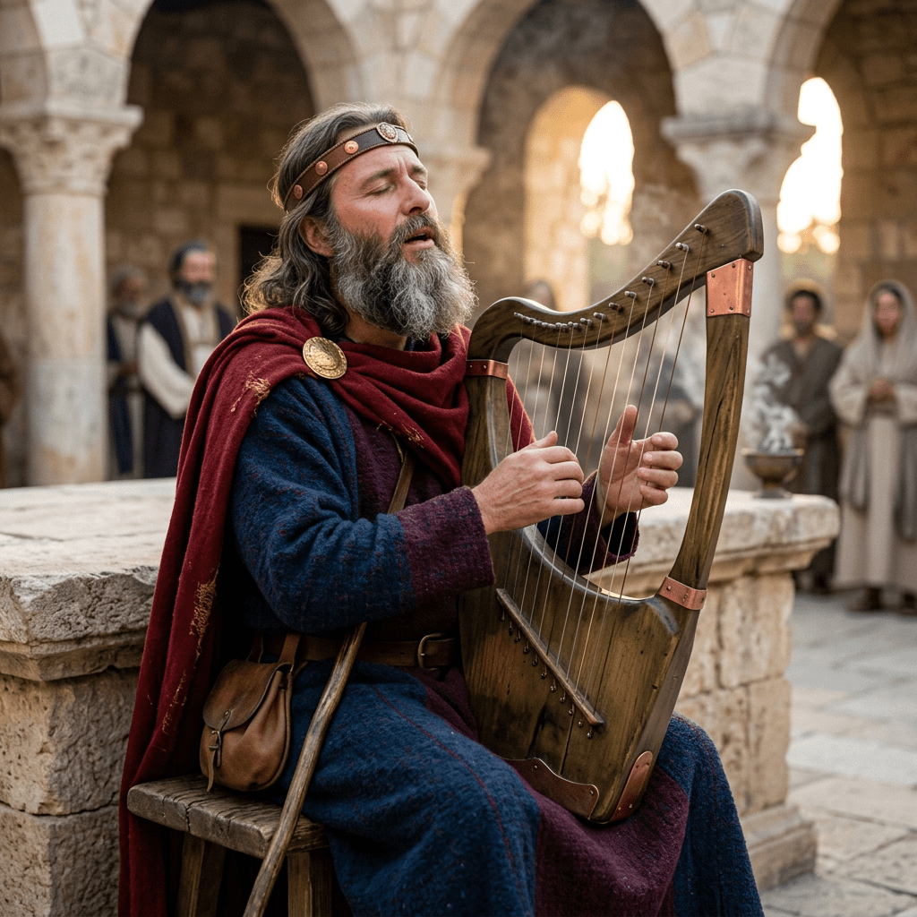 Medieval bard with a beard playing a wooden harp in a stone courtyard