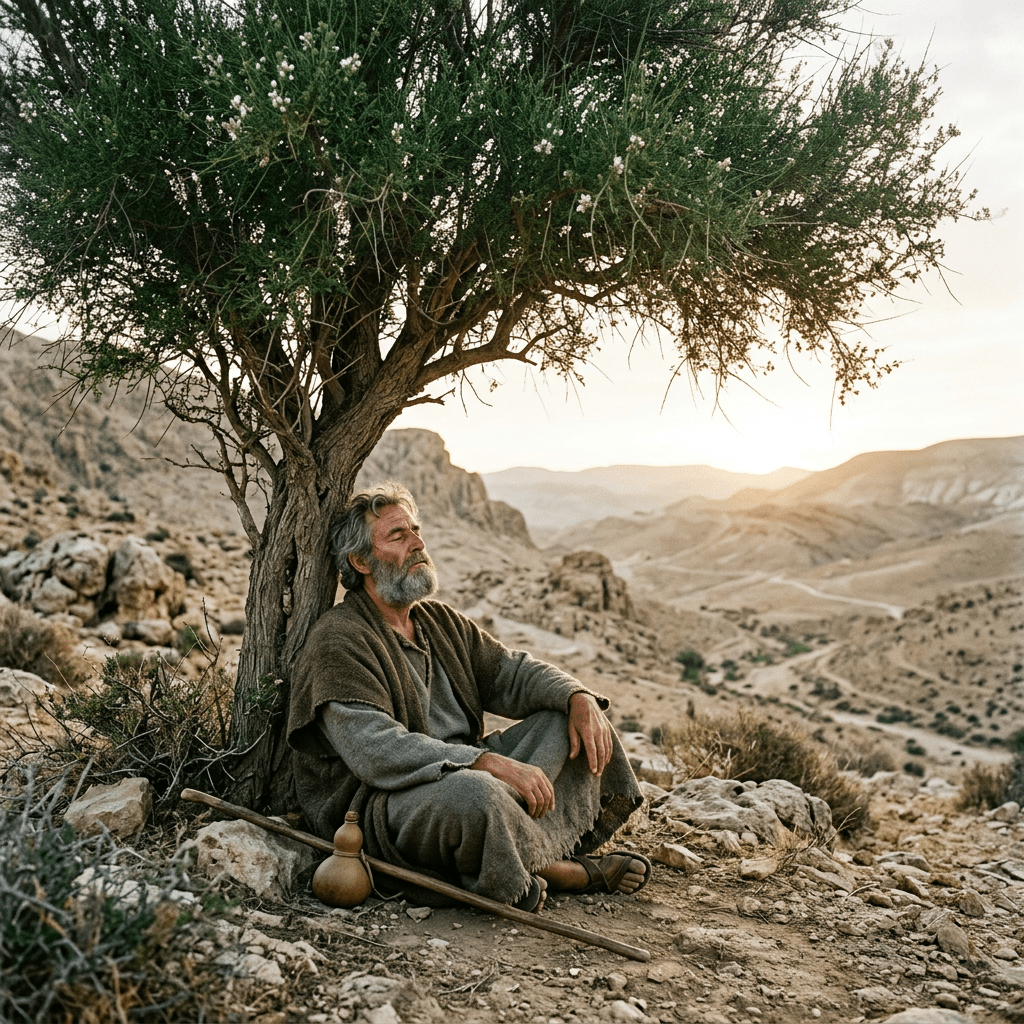 Older man sitting cross-legged under tree in rocky desert at sunset